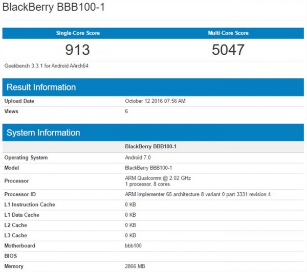 3GB内存+安卓7.0 曝黑莓全键盘新机跑分 